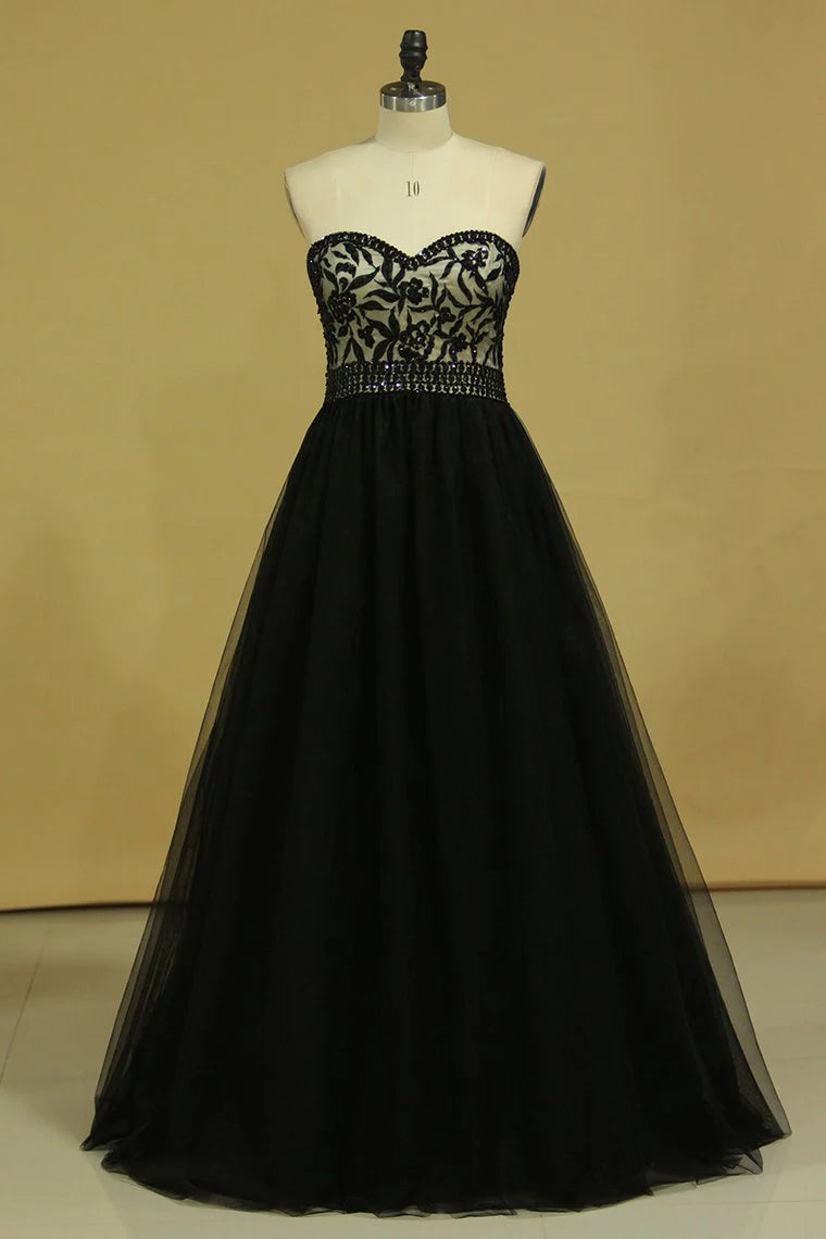 A Line Party Dresses Sweetheart Tulle With Applique & Beads Floor Length
